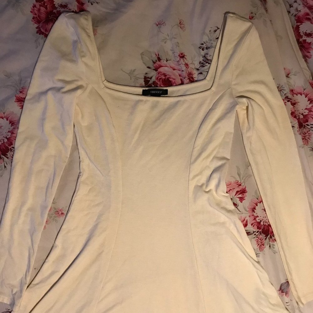 Forever21 Cream Square Neck Long Sleeve Dress